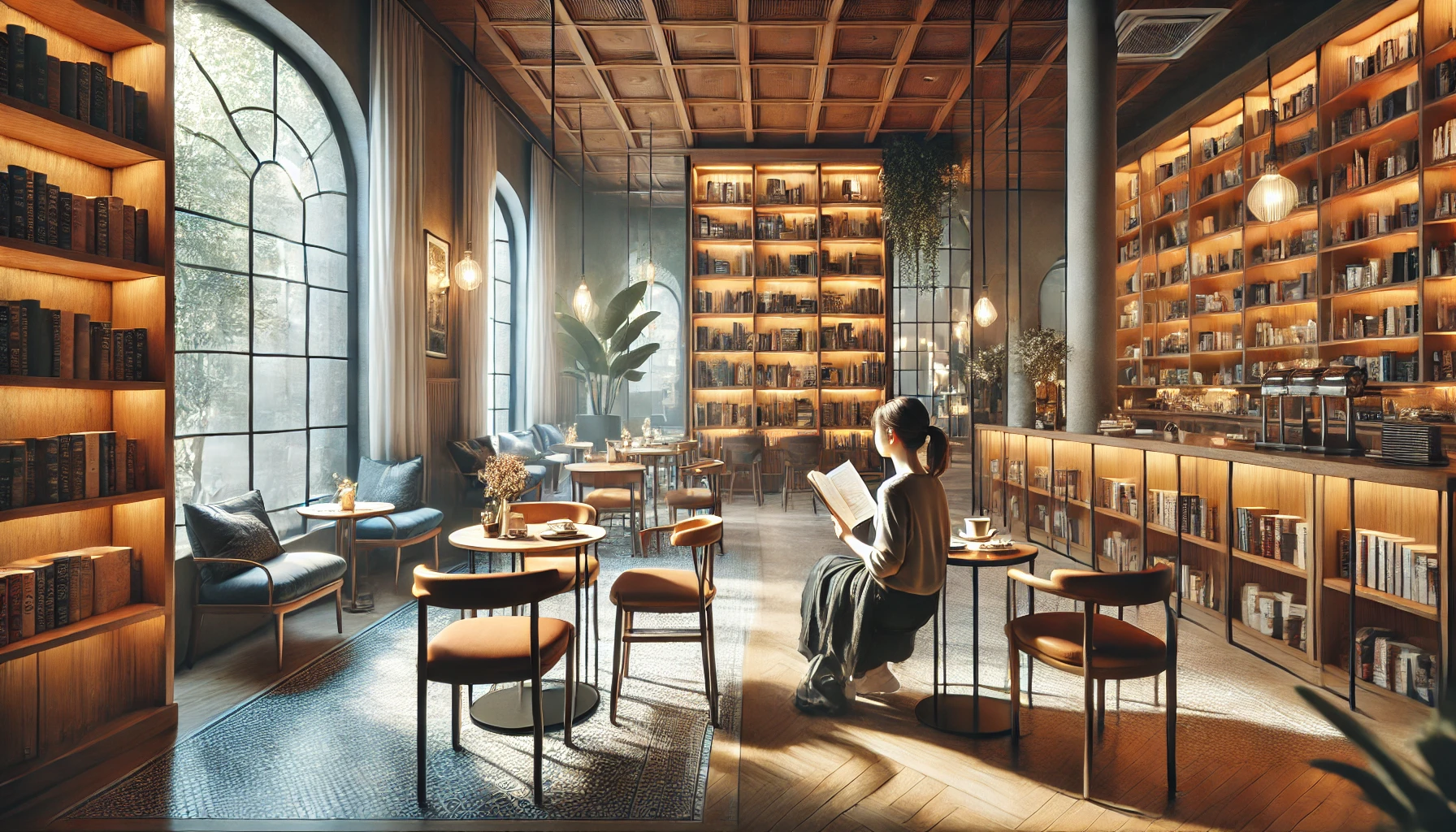 DALL·E 2025 04 21 21.11.18 A hyper realistic horizontal image of a cozy and stylish cafe combined with a bookstore designed for introverted solo travelers. The setting features pulsenaweb