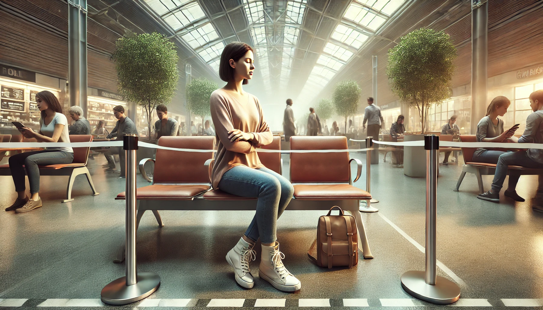 DALL·E 2025 04 24 20.55.16 A hyper realistic horizontal image of a solo female traveler in a public space like a train station park or cafe maintaining a calm and firm postur pulsenaweb