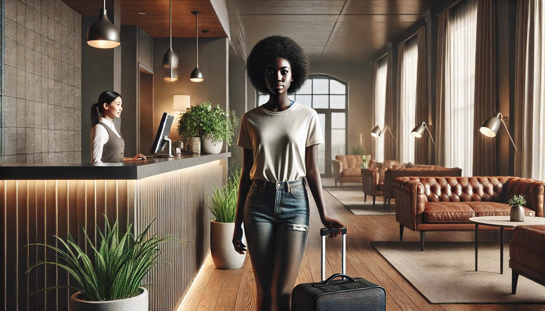 DALL·E 2025 04 24 20.59.46 A hyper realistic horizontal image of a solo Black woman traveler checking into a peaceful safe and welcoming accommodation. She appears confident a pulsenaweb