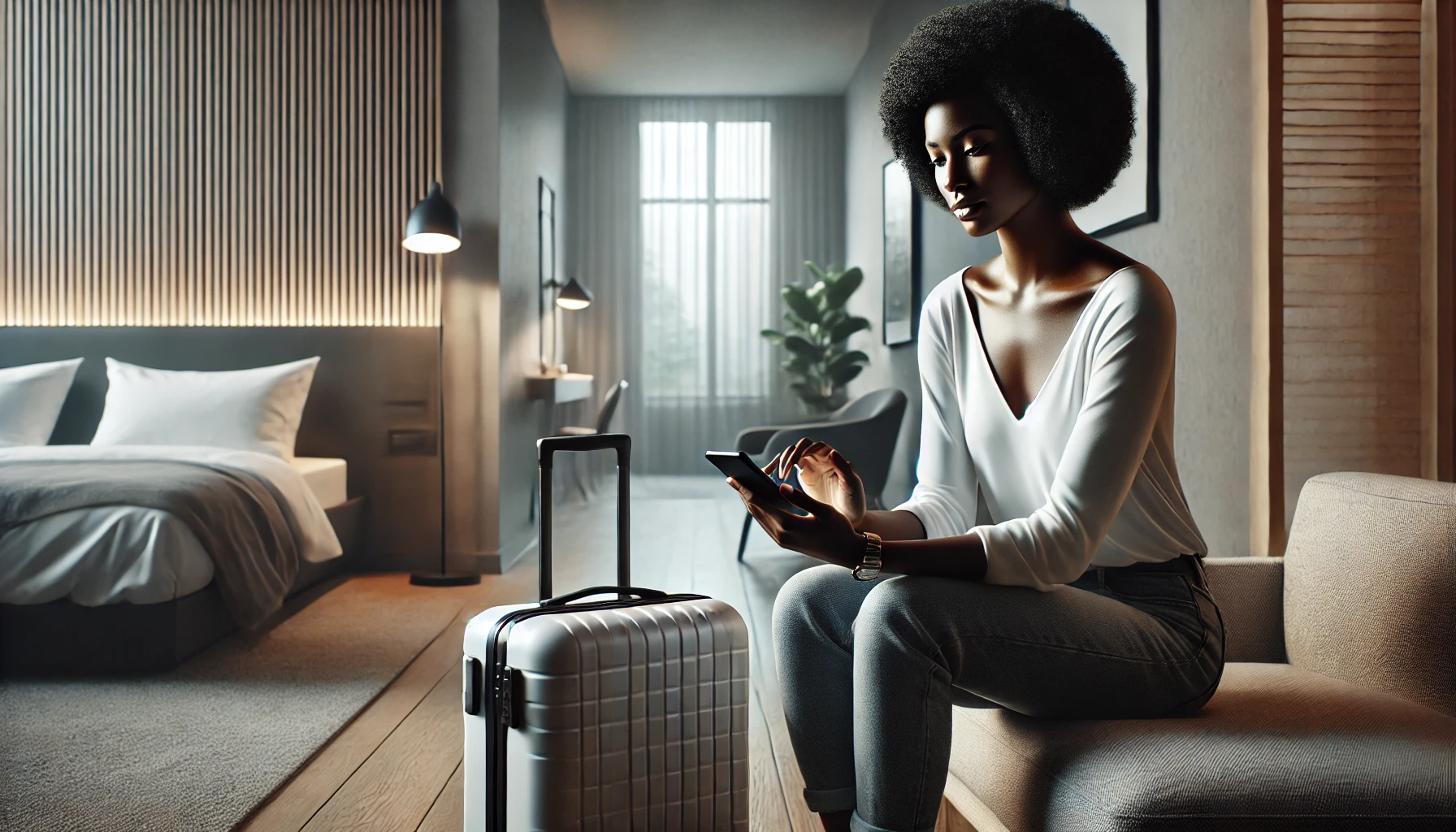 DALL·E 2025 04 25 16.27.35 A hyper realistic horizontal image of a solo Black woman traveler in a modern hotel or Airbnb room sitting calmly while checking in with her smartpho pulsenaweb