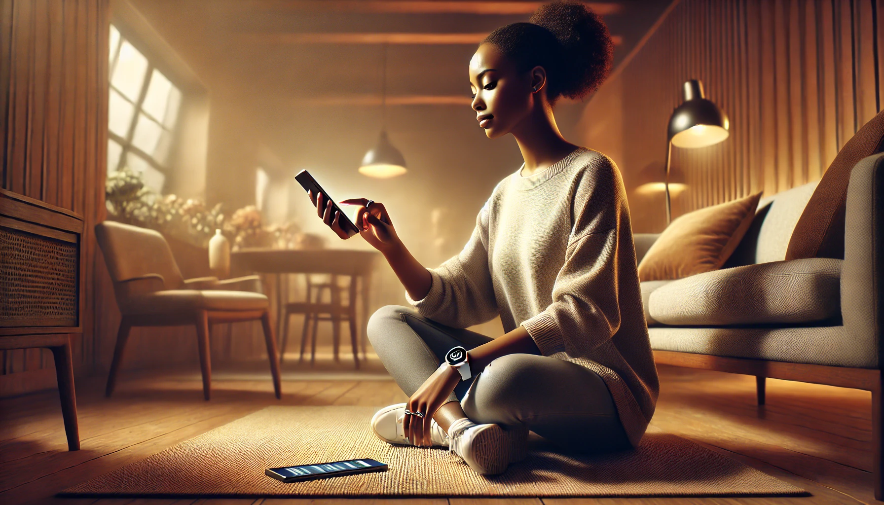 DALL·E 2025 04 25 16.35.15 A hyper realistic horizontal image of a solo Black woman traveler sitting calmly in a cozy modern indoor space like a hotel room or a peaceful loung pulsenaweb